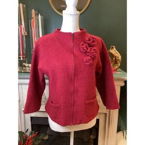 Ruby Rd.‎ Women's Red Wool Zip Front Cropped Jacket with Floral Appliqué Size M
